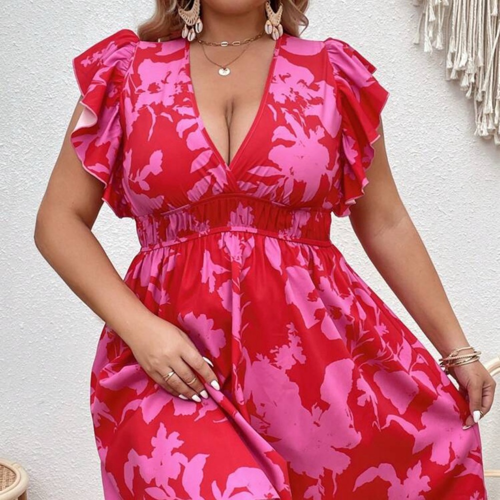 VCAY Plus Floral Print Plunging Neck Ruffle Trim Dress